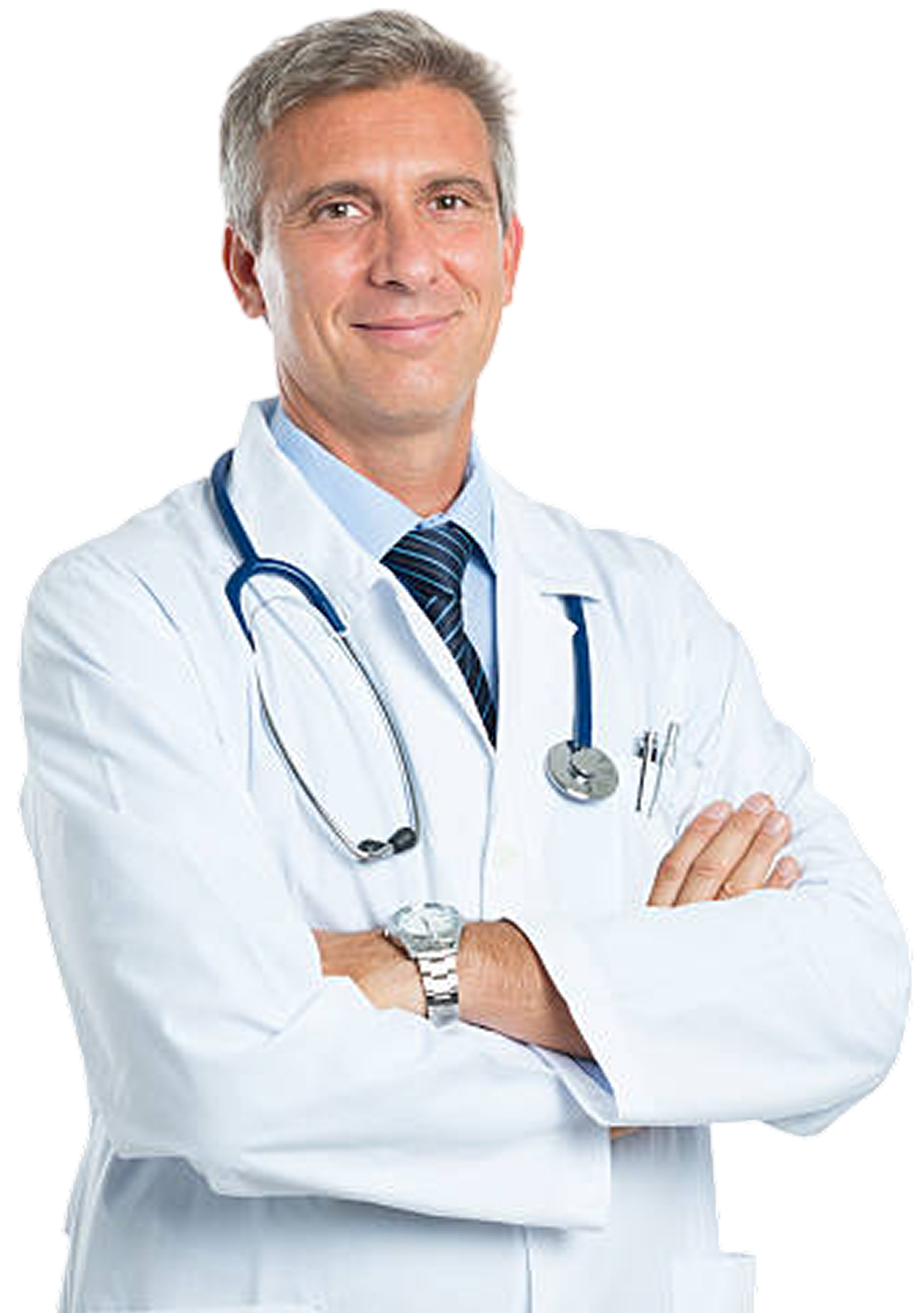 Our lead doctor smiling with arms crossed, wearing a white coat and stethoscope